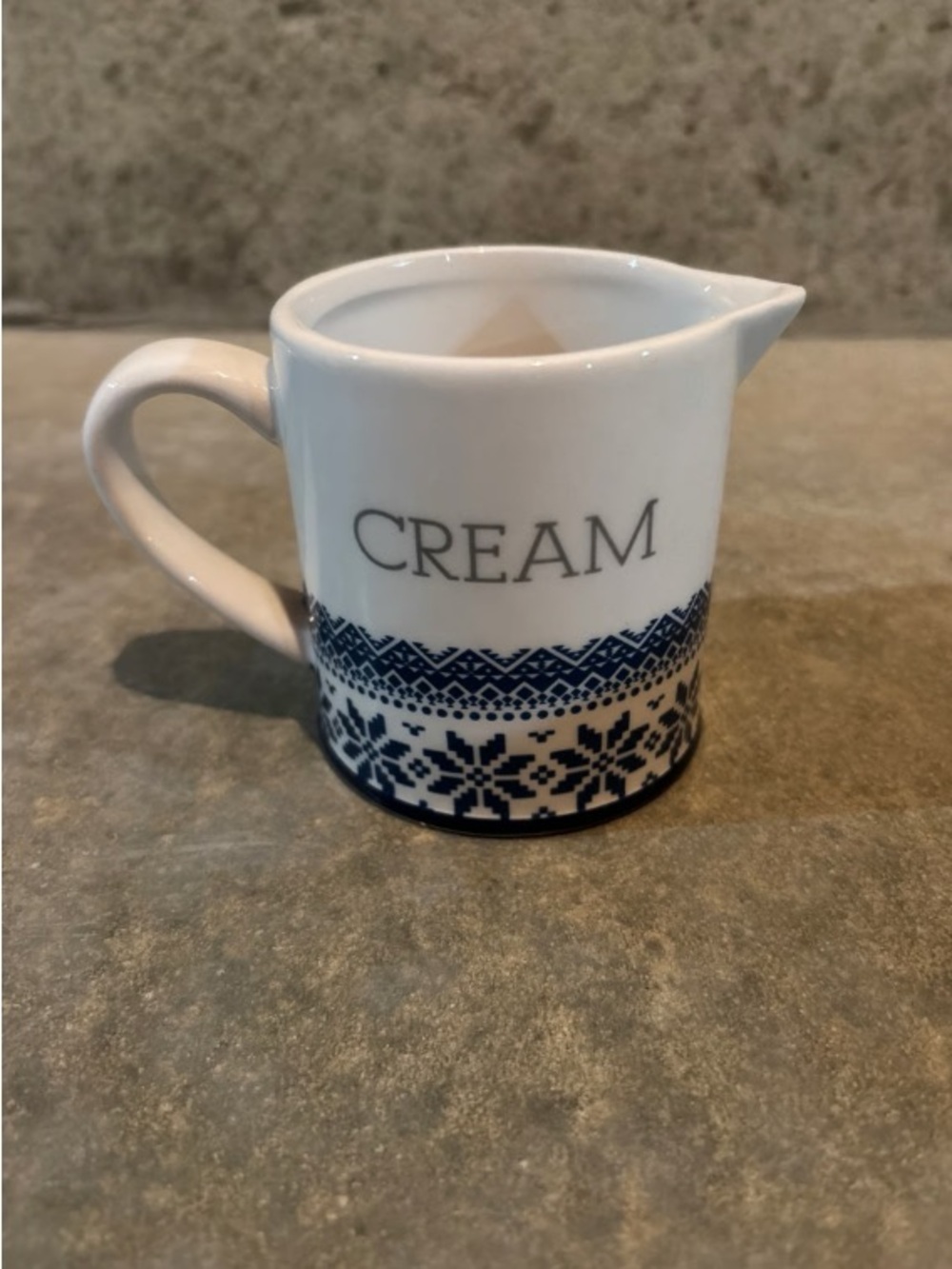 White Ceramic Cream Pitcher with Navy Blue Pattern